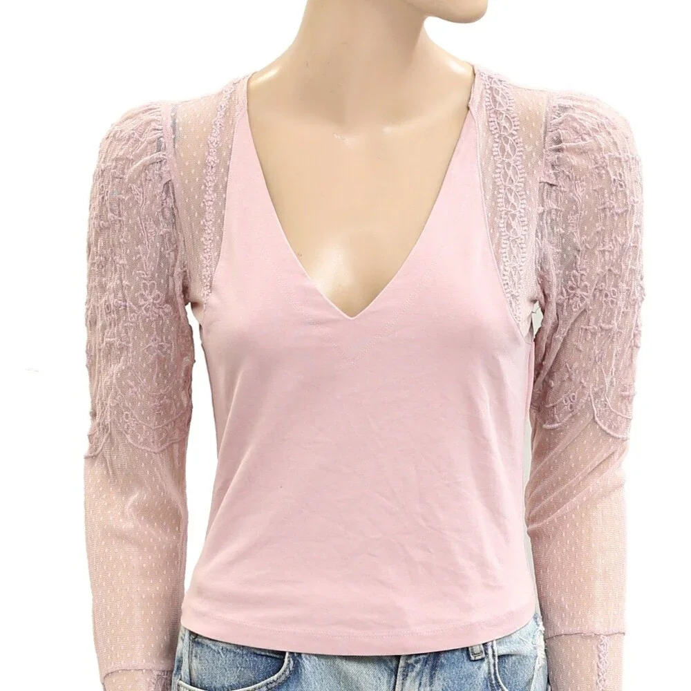 Intimatley Free People Who's That Girl Long-Sleeve Cropped Top Lace M New 280327